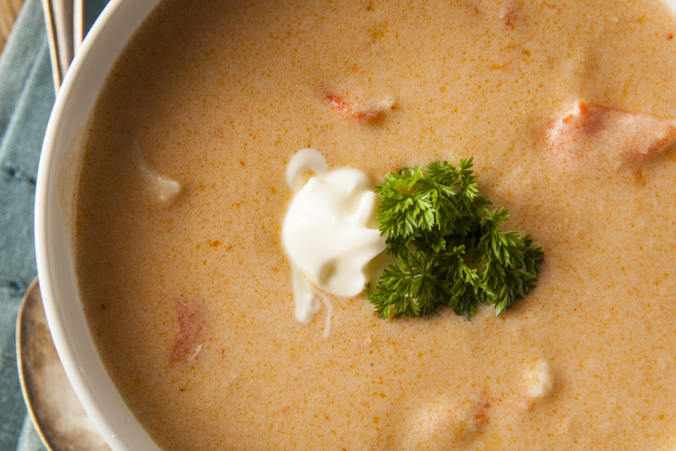 Homemade Lobster Bisque Soup with Cream and Parsley