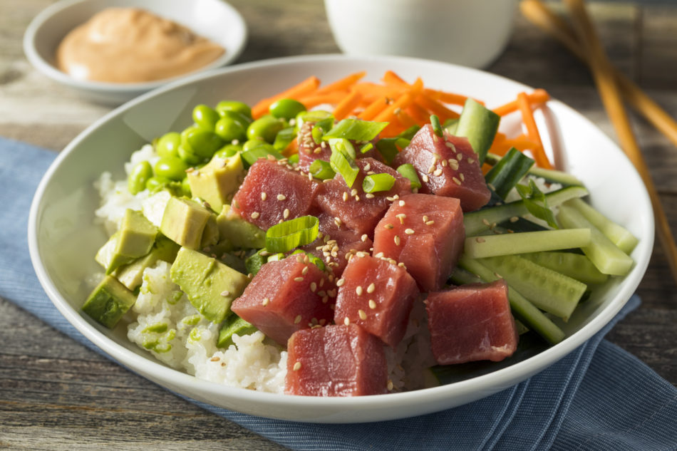 Raw Organic Ahi Tuna Poke Bowl with Rice and Veggies