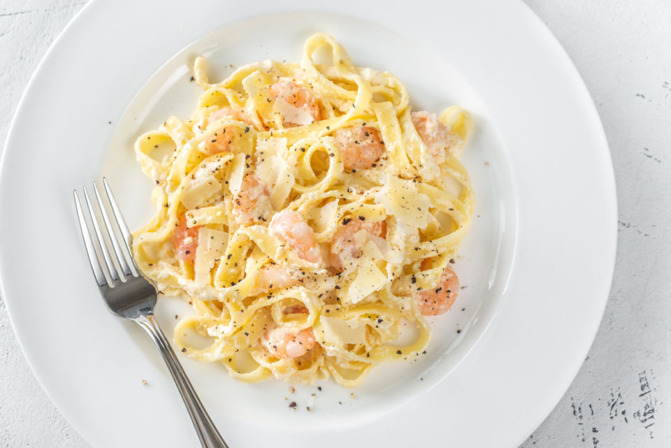 Portion of Shrimp Alfredo Pasta close-up