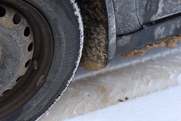 Dirt and Salt Covered Car Wheel on Icy Road Close Up Abstract