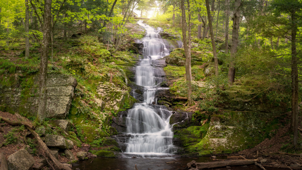 Panoramic view of Buttermilk Falls showing abundant spring runoff in Stokes State Forest, NJ