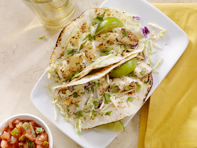 Grilled Fish Tacos with Creamy coleslaw, Lime and Fresh Cilantro